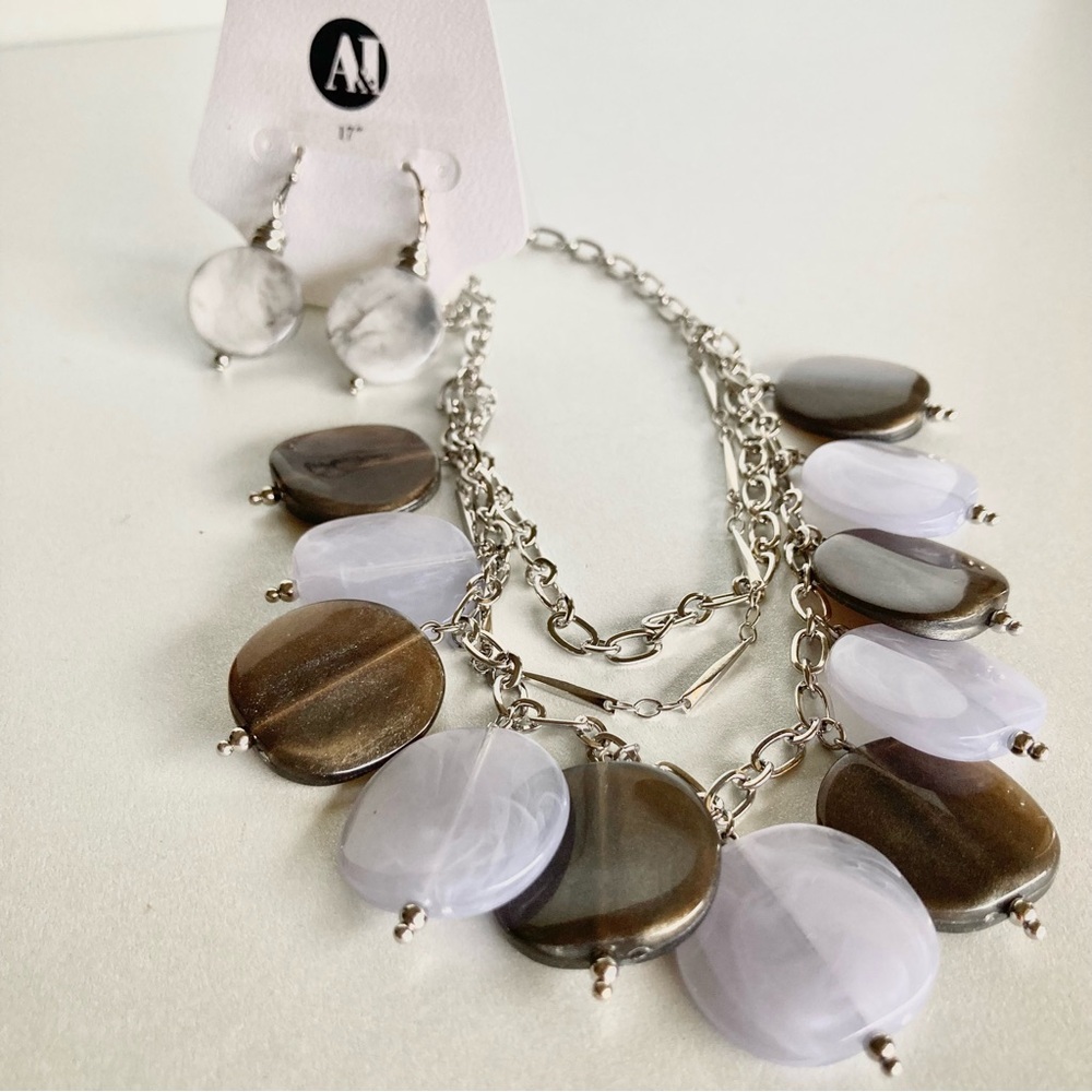 Silver-Tone gray & Brown Disc Necklace and Earring Set